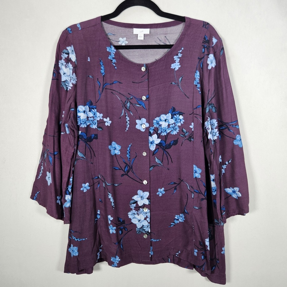 J. Jill Top Womens L Purple Floral AOP Button Front Tie Rayon Boho Office Whimsi